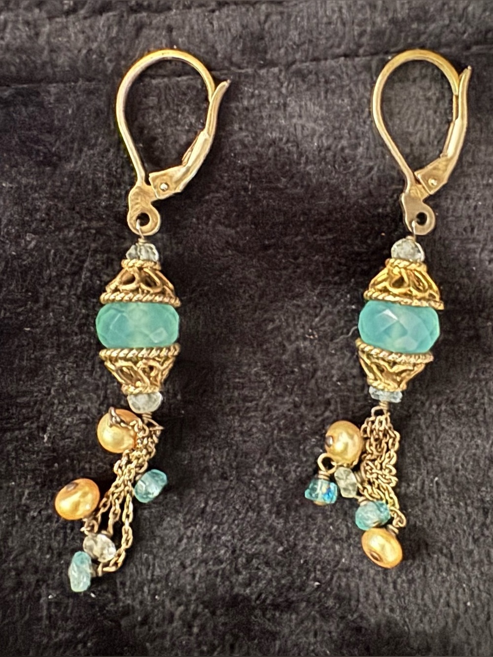 Gold Tone Dangle Earrings with Aqua Faceted Beads